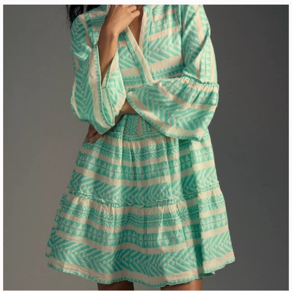 Devotion TWINS Ella Aqua Blue & White Long Sleeve Dress - Size Small - Picture 4 of 14
